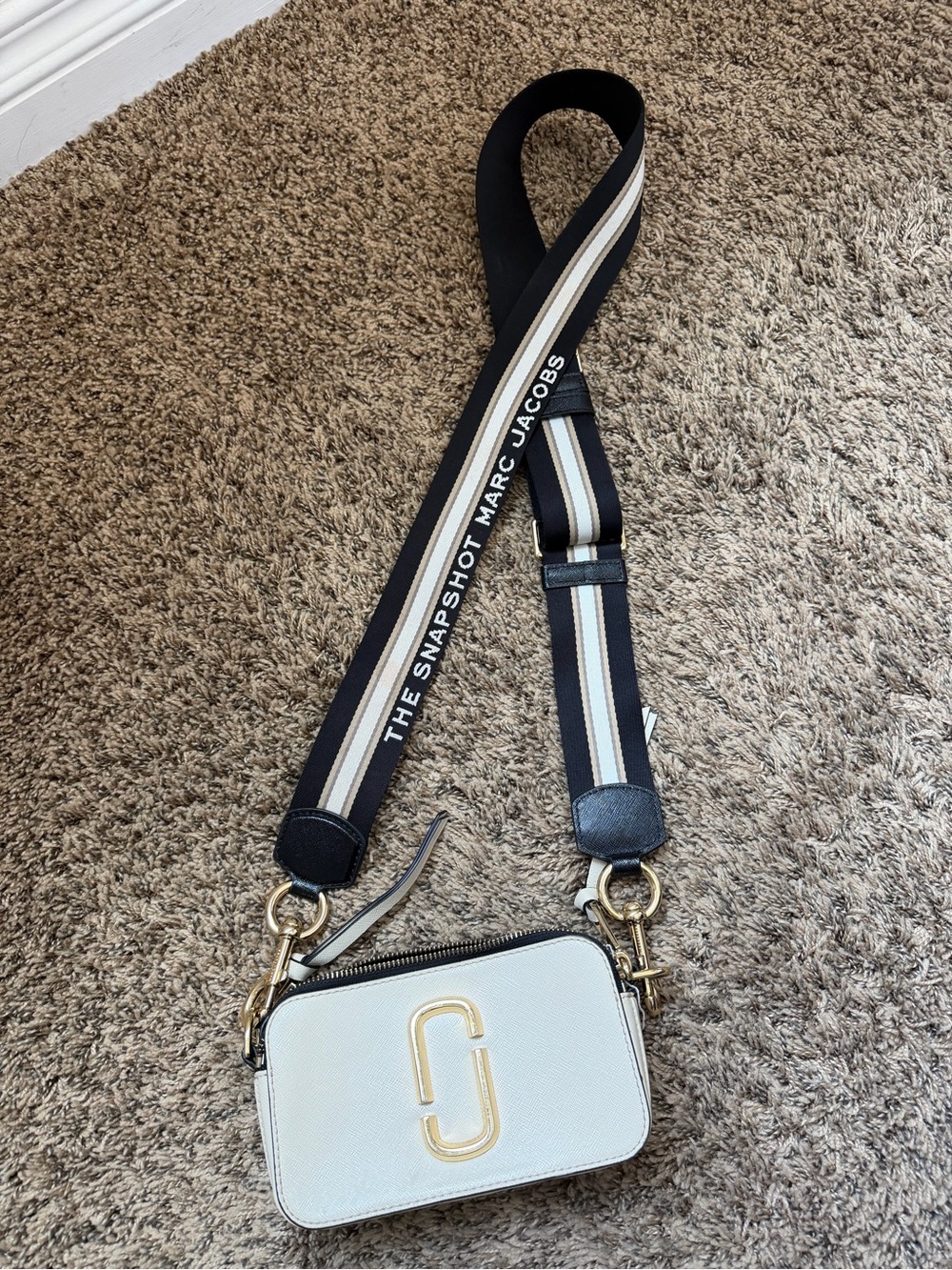 Marc Jacobs White Leather Snapshot Camera Bag with Striped Strap